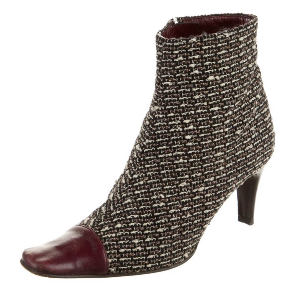 CHANEL Brown and White Ankle Boots with Tweed Texture VINTAGE